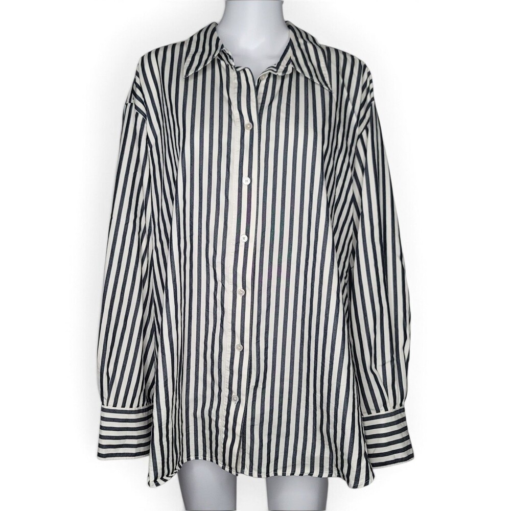 Lane Bryant Button Up Long Sleeve Shirt Striped Cotton Black White Women's 26/28